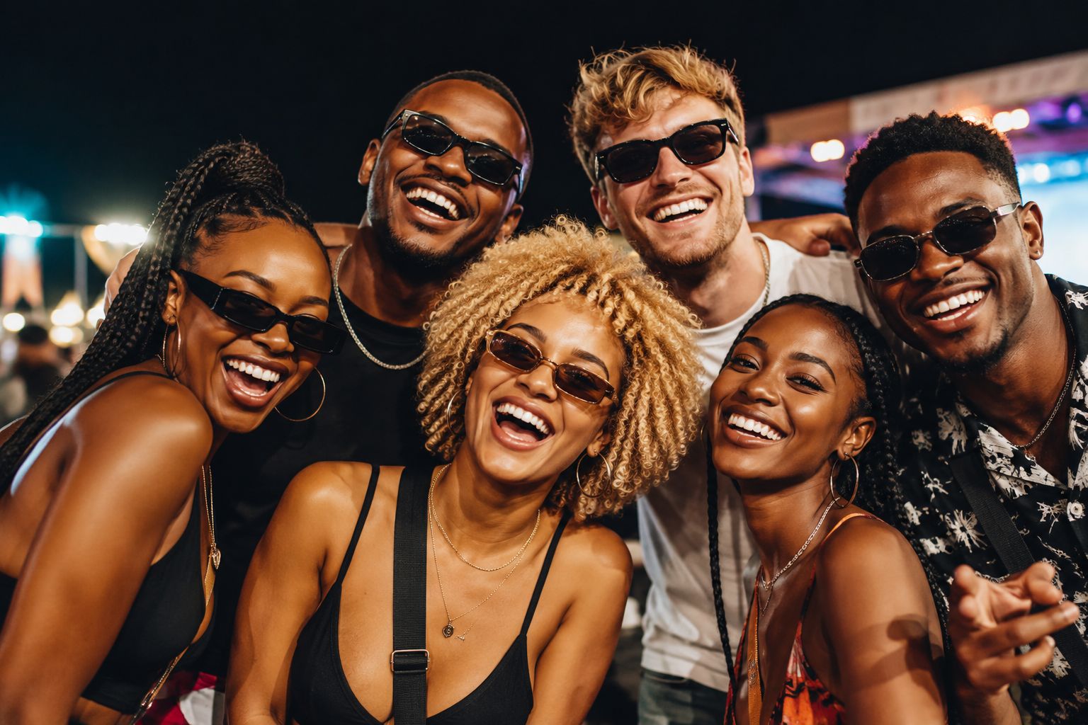 Friends laughing together at a night-time music festival in South Africa
